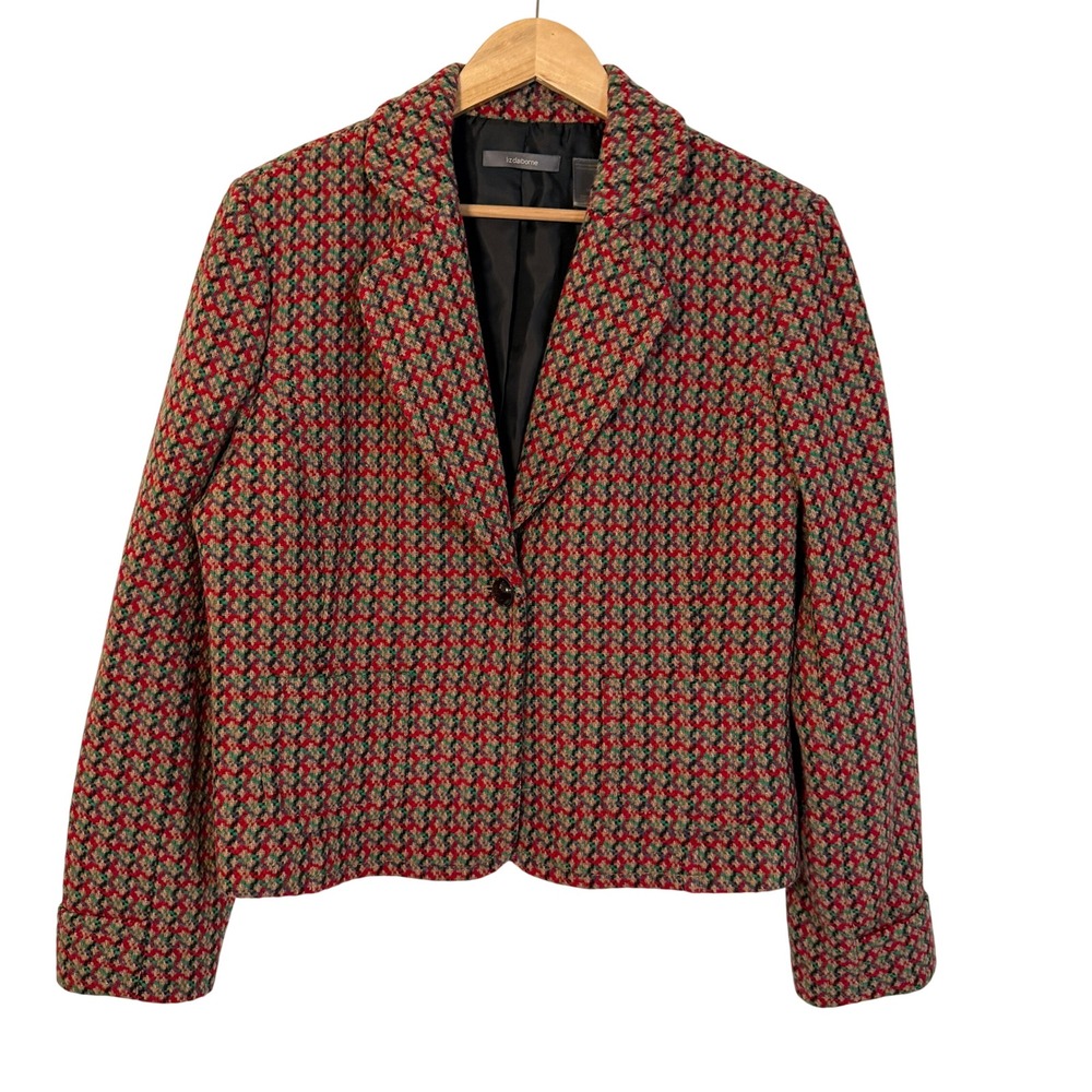 Liz Claiborne Blazer Womens 16 Red Green Wool Blend Tweed Single Button Blazer